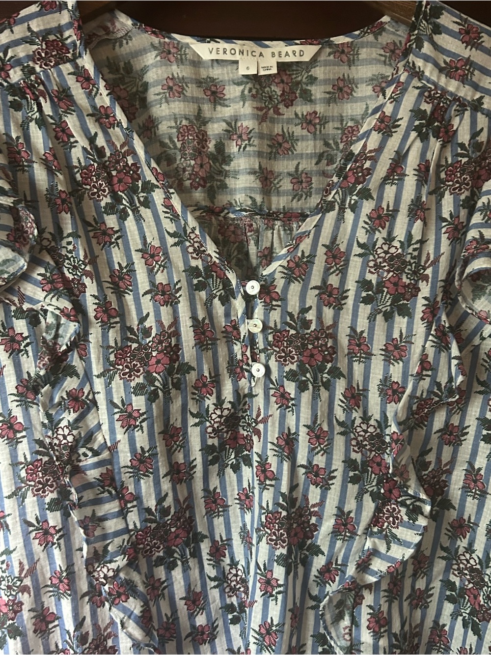 Veronica Beard Joi Flutter Sleeve Blouse Size 6 Floral Stripe Ruffle Designer - Picture 7 of 10